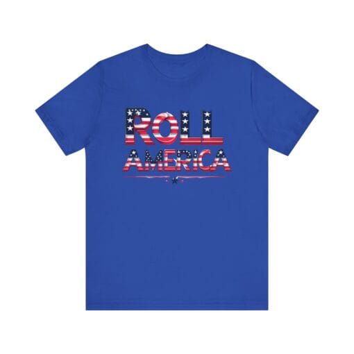 Roll America T-Shirt – Patriotic College Game Day Shirt – Red White & Blue Graphic Tee – Unisex 4th of July USA Shirt – Bella Canvas 3001 - Image 25