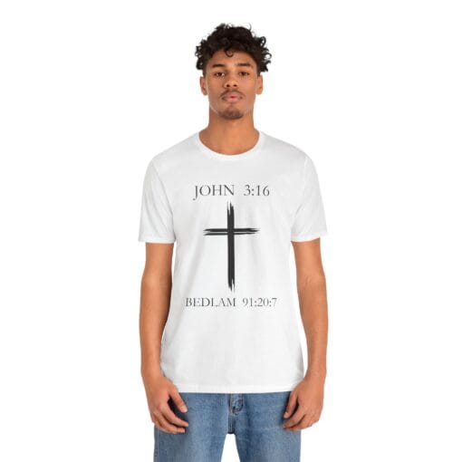 Faith-Inspired Unisex Short Sleeve Tee – JOHN 3:16 & BEDLAM 91:20:7 - Image 6