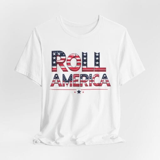 Roll America T-Shirt – Patriotic College Game Day Shirt – Red White & Blue Graphic Tee – Unisex 4th of July USA Shirt – Bella Canvas 3001 - Image 6
