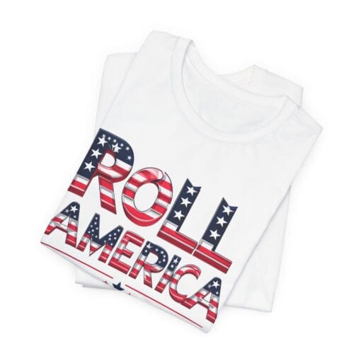 Roll America T-Shirt – Patriotic College Game Day Shirt – Red White & Blue Graphic Tee – Unisex 4th of July USA Shirt – Bella Canvas 3001 - Image 5