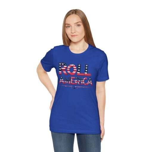 Roll America T-Shirt – Patriotic College Game Day Shirt – Red White & Blue Graphic Tee – Unisex 4th of July USA Shirt – Bella Canvas 3001 - Image 30