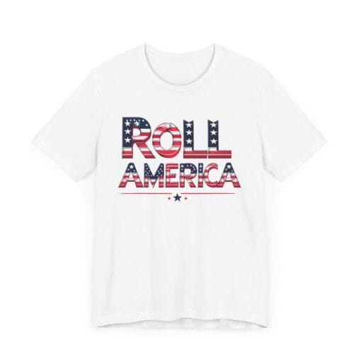 Roll America T-Shirt – Patriotic College Game Day Shirt – Red White & Blue Graphic Tee – Unisex 4th of July USA Shirt – Bella Canvas 3001 - Image 3