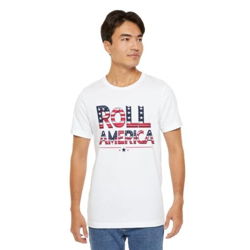 Roll America T-Shirt – Patriotic College Game Day Shirt – Red White & Blue Graphic Tee – Unisex 4th of July USA Shirt – Bella Canvas 3001 - Image 8