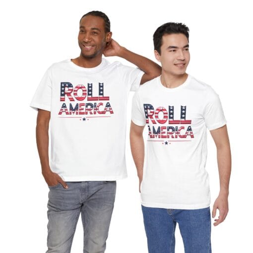 Roll America T-Shirt – Patriotic College Game Day Shirt – Red White & Blue Graphic Tee – Unisex 4th of July USA Shirt – Bella Canvas 3001 - Image 9