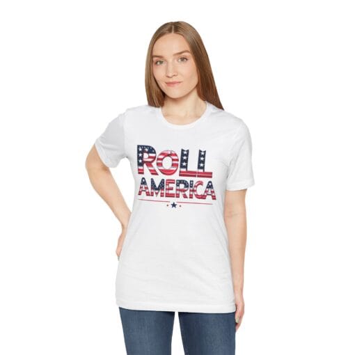 Roll America T-Shirt – Patriotic College Game Day Shirt – Red White & Blue Graphic Tee – Unisex 4th of July USA Shirt – Bella Canvas 3001 - Image 7