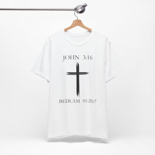 Faith-Inspired Unisex Short Sleeve Tee – JOHN 3:16 & BEDLAM 91:20:7 - Image 5