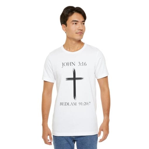 Faith-Inspired Unisex Short Sleeve Tee – JOHN 3:16 & BEDLAM 91:20:7 - Image 7