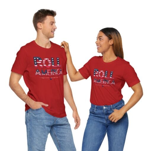 Roll America T-Shirt – Patriotic College Game Day Shirt – Red White & Blue Graphic Tee – Unisex 4th of July USA Shirt – Bella Canvas 3001 - Image 38