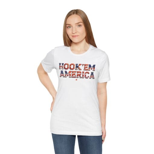 Hook ’Em America T-Shirt – Texas Pride Patriotic Tee – Red White & Blue College Style Shirt – Unisex 4th of July Graphic – Bella+Canvas 3001 - Image 7